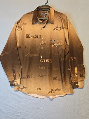 Karl Kani Brown Ombre AOP Logo Print Button Down Casual Dress Shirt Vintage 90s